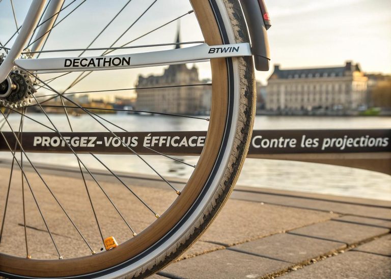 Détail d'une roue de vélo de 28 pouces avec garde-boue Decathlon/BTWIN en métal, largueur de 55mm, avec slogan français vintage 'Protégez-vous efficacement contre les projections'.