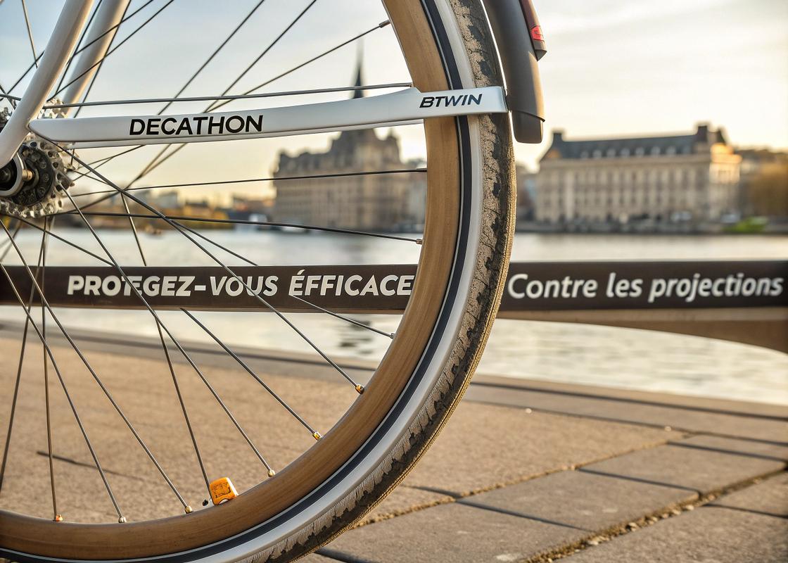 Détail d'une roue de vélo de 28 pouces avec garde-boue Decathlon/BTWIN en métal, largueur de 55mm, avec slogan français vintage 'Protégez-vous efficacement contre les projections'.