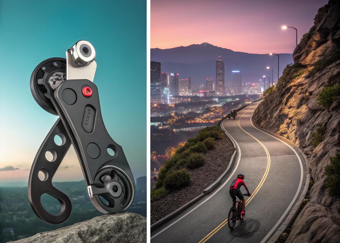 Comparaison côte à côte de dérailleurs pour e-bike conçus pour la route, le VTT et l'usage urbain, sur fond gradient avec éclairage néon doux.
