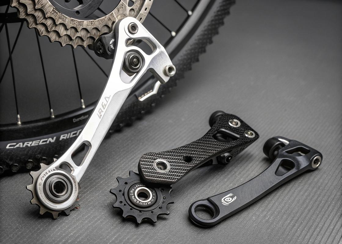 Comparaison détaillée de différents dérailleurs pour vélo électrique, avec des textures mettant en évidence les différences entre matériaux comme l'aluminium et le carbone.