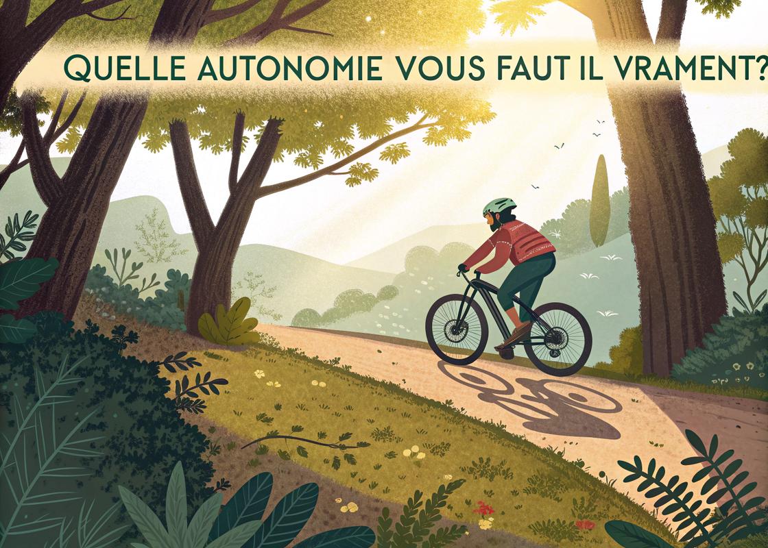 Cycliste sur un vélo électrique VTC dans une forêt en France avec le texte 'Quelle Autonomie Vous Faut-il Vraiment ?' intégré dans l'image.
