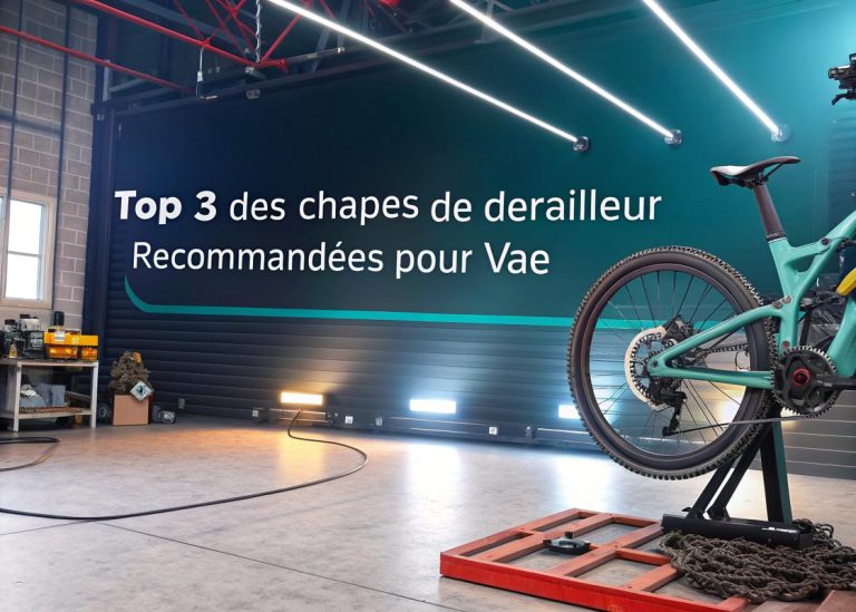 Processus d'installation moderne d'un chape de dérailleur pour vélo électrique (VAE), avec vérification de compatibilité pour les composants Shimano et SRAM, illustré dans un style 3D réaliste.