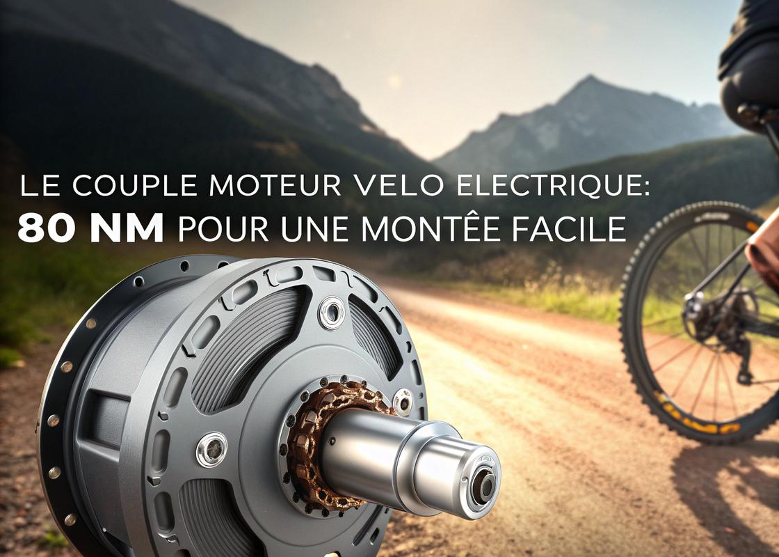 Gros plan réaliste d'un moteur de pédale de vélo électrique affichant un couple de 80 Nm, avec textures métalliques et éclairage cinématographique, le tout sur un arrière-plan de sentier de montagne flou.