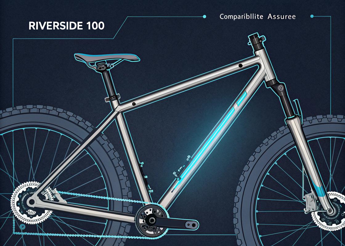 Vue de dessus du cadre du vélo Riverside 100 avec points de fixation pour garde-boue sur la fourche et les haubans arrière, illustration technique en style bleu néon mettant en avant la compatibilité avec des roues de 700c.