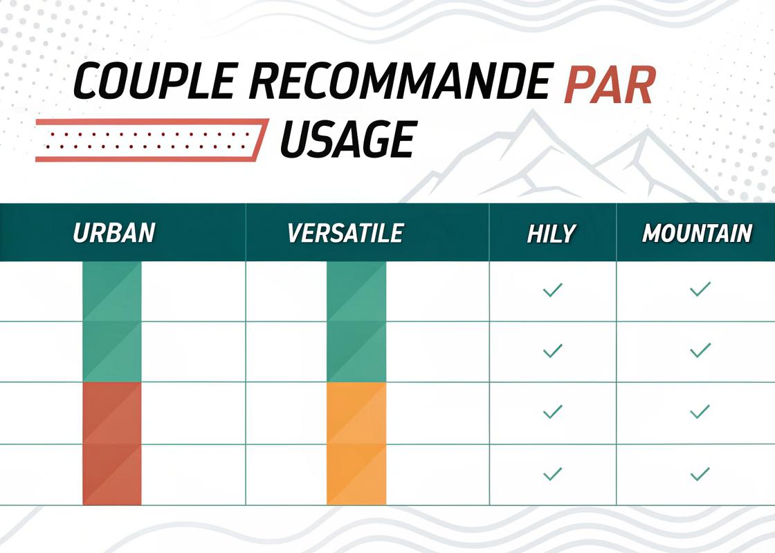 Infographie montrant un tableau simplifié de couple recommandé pour différents usages de vélo électrique, avec les catégories urbain, polyvalent, vallonné, et montagne, codées par couleur selon les plages de Nm.