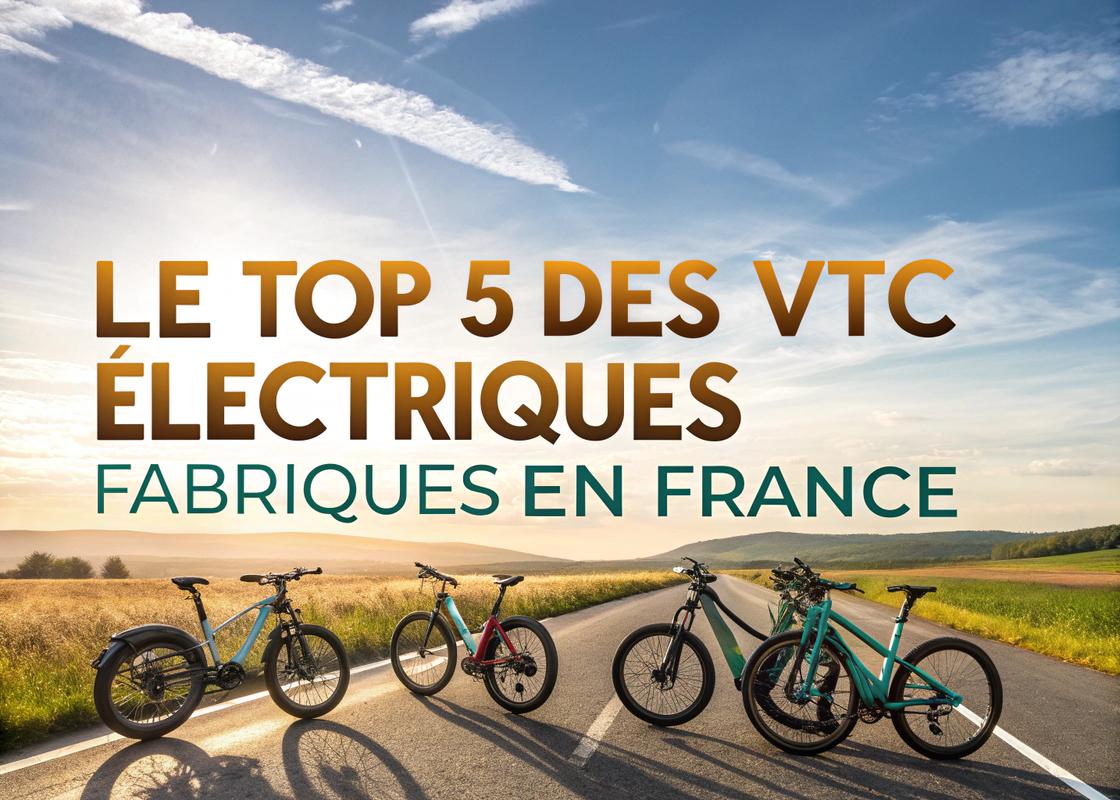 Vélo électrique VTC français avec moteur Bosch, positionné dans un décor urbain moderne, sous un éclairage cinématographique avec un texte stylisé 'Le Guide Comparatif Ultime 2024'.