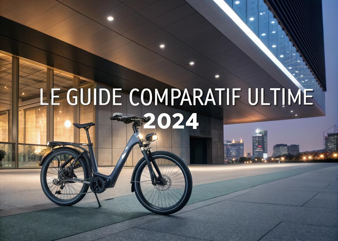 Composition artistique en vue de dessus montrant les éléments principaux des VTC électriques français : batterie haute capacité, pièces du moteur, cadre du vélo, avec une carte de France stylisée et texte 'VTC Électrique Fabrication Française' en typographie élégante.