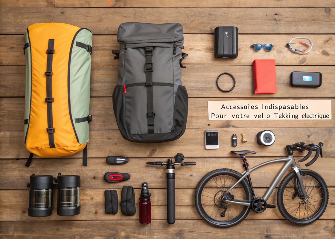 Vue de dessus d'accessoires essentiels pour vélo trekking électrique, disposés sur une table en bois rustique avec éclairage doux