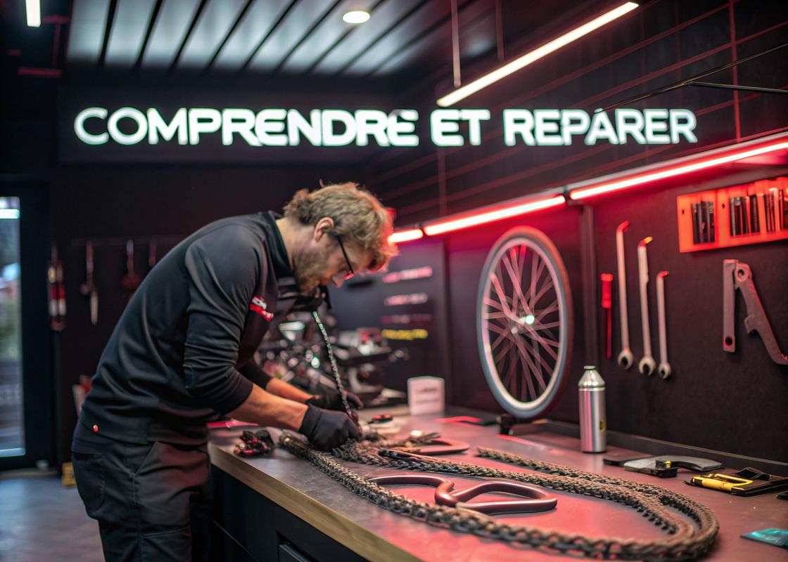 Un atelier moderne de réparation de vélo avec des outils de mesure d'usure de chaîne sur un établi et un cycliste professionnel inspectant une chaîne, le tout éclairé par des néons doux.