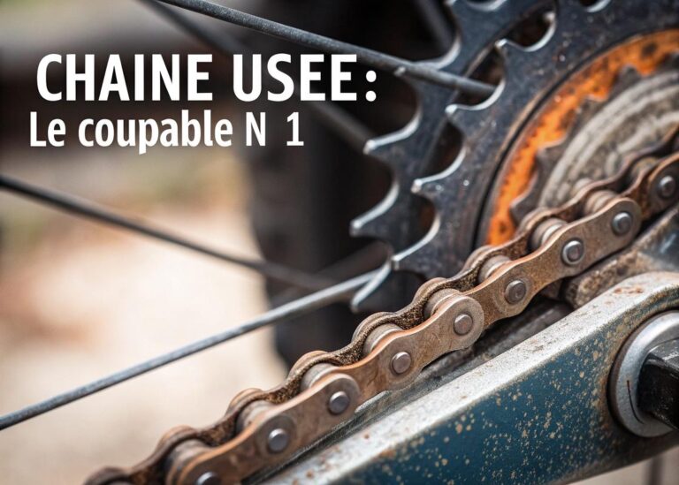 Détail d'une chaîne de vélo usée sur une cassette légèrement usée, avec accumulation de saleté et signes d'élongation, sous un éclairage cinématique.