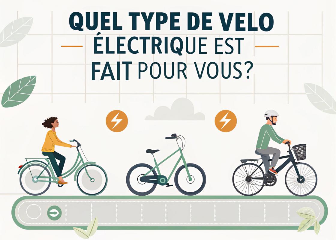 Infographie illustrant des types de vélos électriques, avec un continuum allant de 'effort minimal' à 'effort physique maximal', accompagné du titre 'Quel Type de Vélo Électrique est Fait Pour Vous?'.