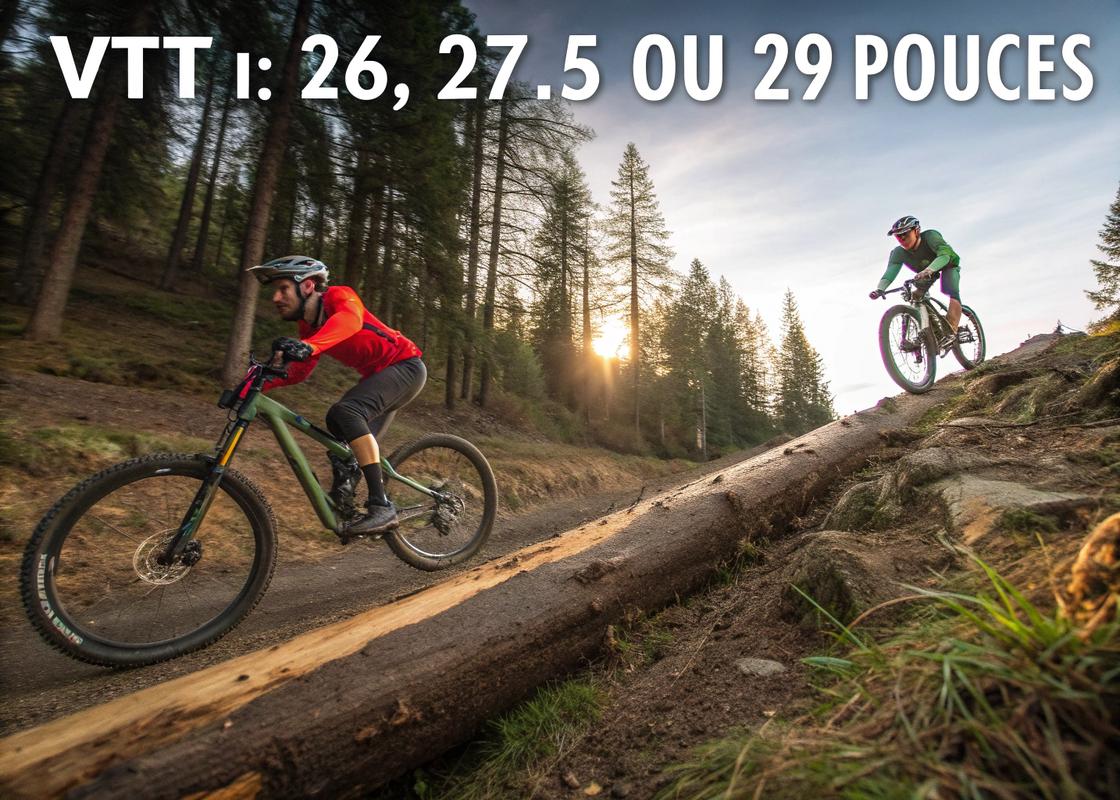 Comparaison côte à côte des VTT de 26, 27.5 et 29 pouces sur un sentier accidenté, montrant leurs avantages respectifs, avec un cycliste en action sur le VTT de 29 pouces franchissant une bûche.