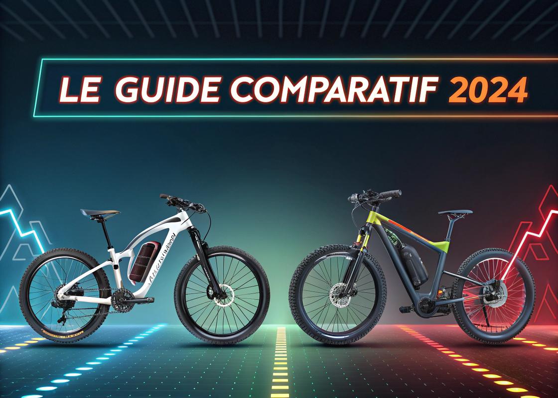 Infographie comparant les 5 meilleurs modèles de vélos électriques sous 1500 euros, avec des designs futuristes, des usages spécifiques tels que urbain, tout-terrain et pliable, sur fond avec des effets lumineux néon et des accents de couleur vifs.
