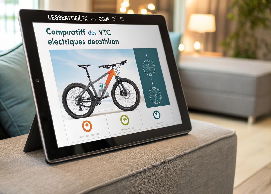 Tablette numérique affichant un graphique interactif de comparaison des vélos électriques hybrides Decathlon, Riverside et Rockrider, avec le texte 'L'essentiel en un coup d'œil - Comparatif des VTC Électriques Decathlon' en style infographique moderne, sous éclairage doux.