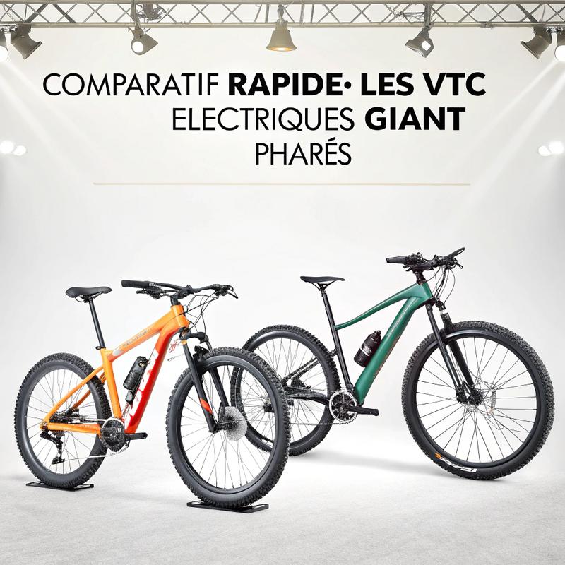 Infographie comparant les VTC électriques Giant E+ : Explore E+, Roam E+, Talon E+, sur fond blanc avec textes en français et couleurs contrastées.