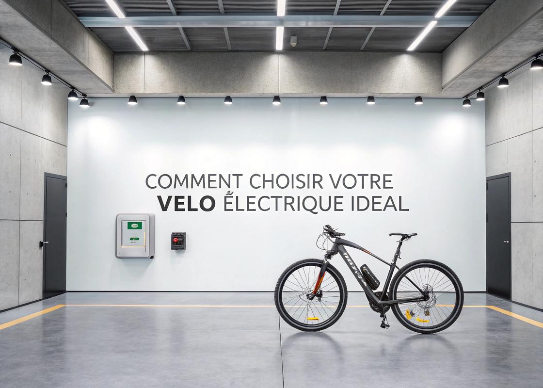 Vue minimaliste des composants clés d'un vélo électrique avec moteur, batterie, contrôleur et écran numérique sous éclairage studio, avec le titre 'Comment Choisir Votre Vélo Électrique Idéal'.