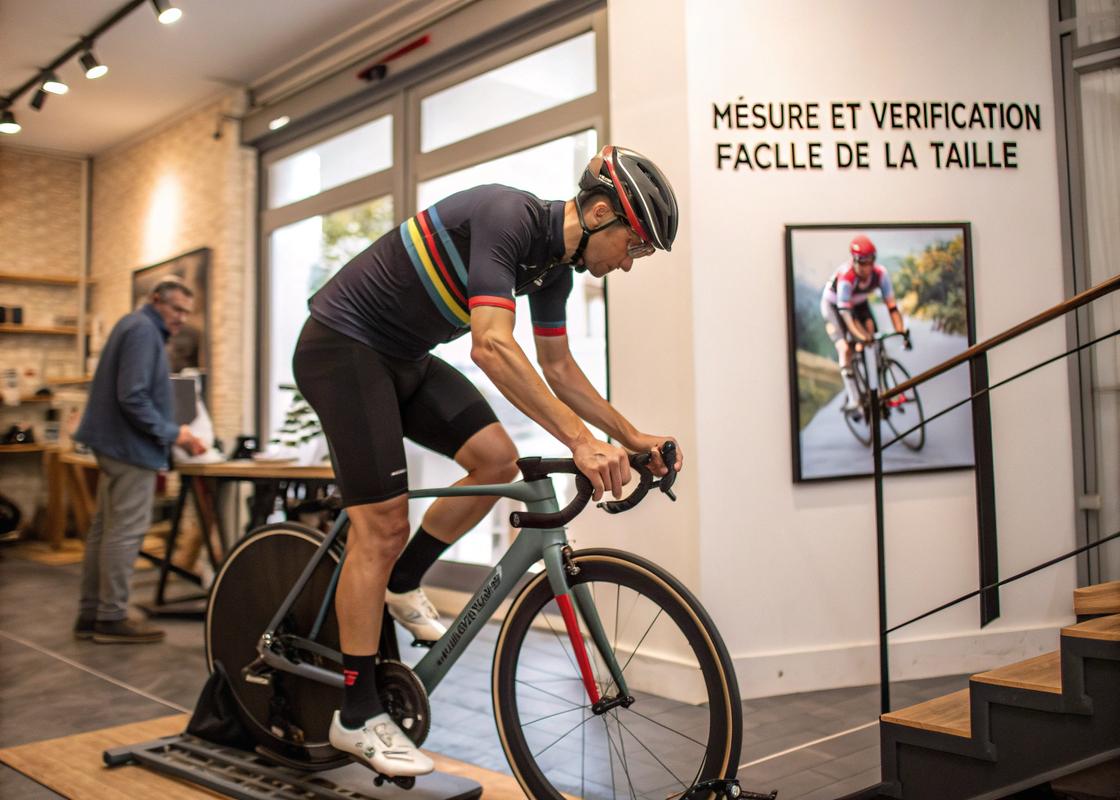 Cycliste mesurant son entrejambe pour un ajustement vélo optimal avec des visuels d'aide à la mesure dans un magasin bien éclairé.