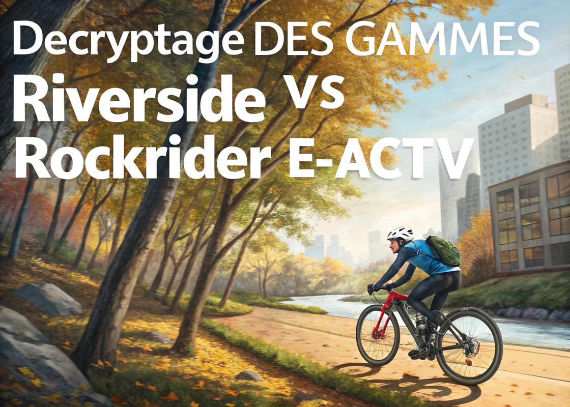 Cycliste sur un vélo Decathlon Rockrider E-ACTV 900 circulant entre des rues urbaines et des sentiers forestiers en automne, sous une lumière naturelle, avec un effet d'éclairage impressionniste et texte 'Décryptage des gammes - Riverside vs Rockrider E-ACTV'.