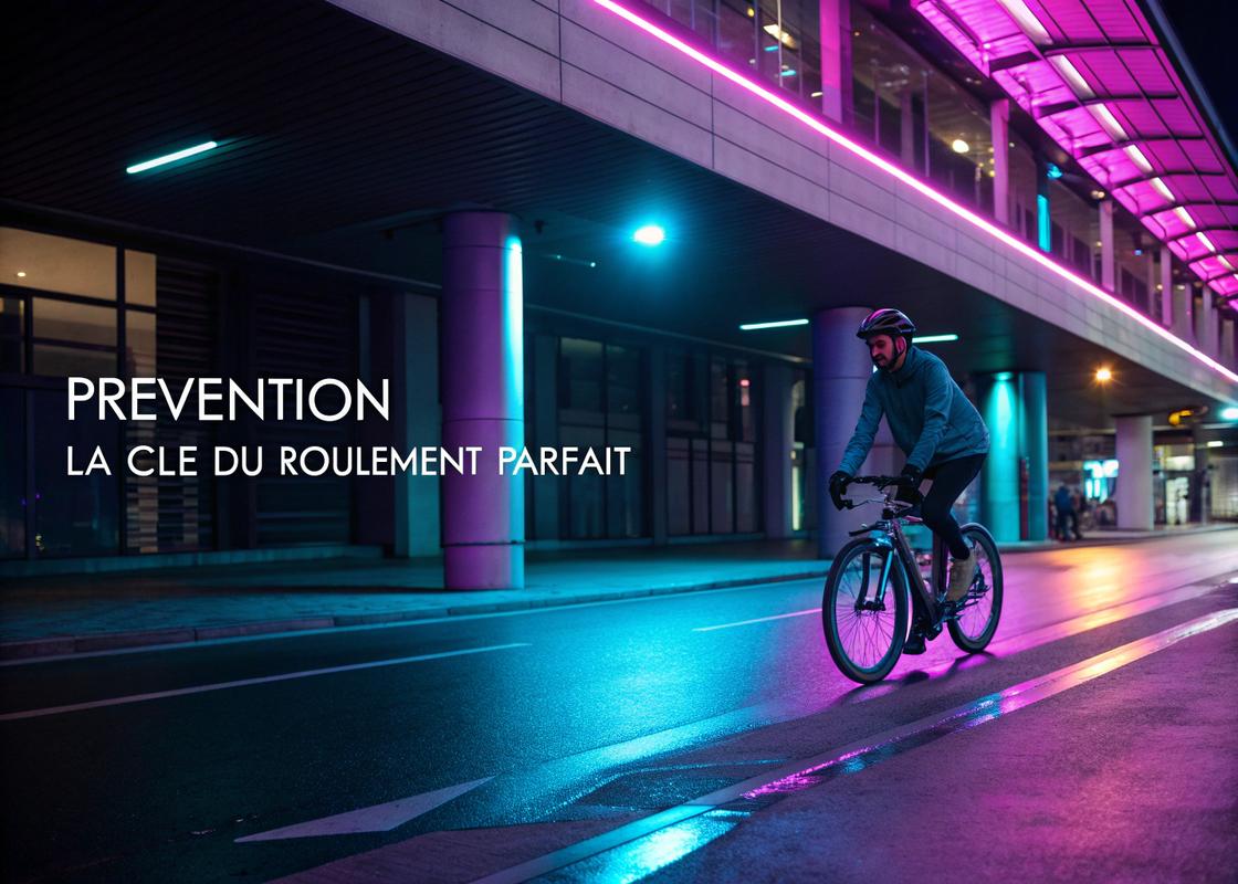 Cycliste sur une rue éclairée par des néons colorés, avec un texte en typographie élégante indiquant Prévention : La Clé du Roulement Parfait.