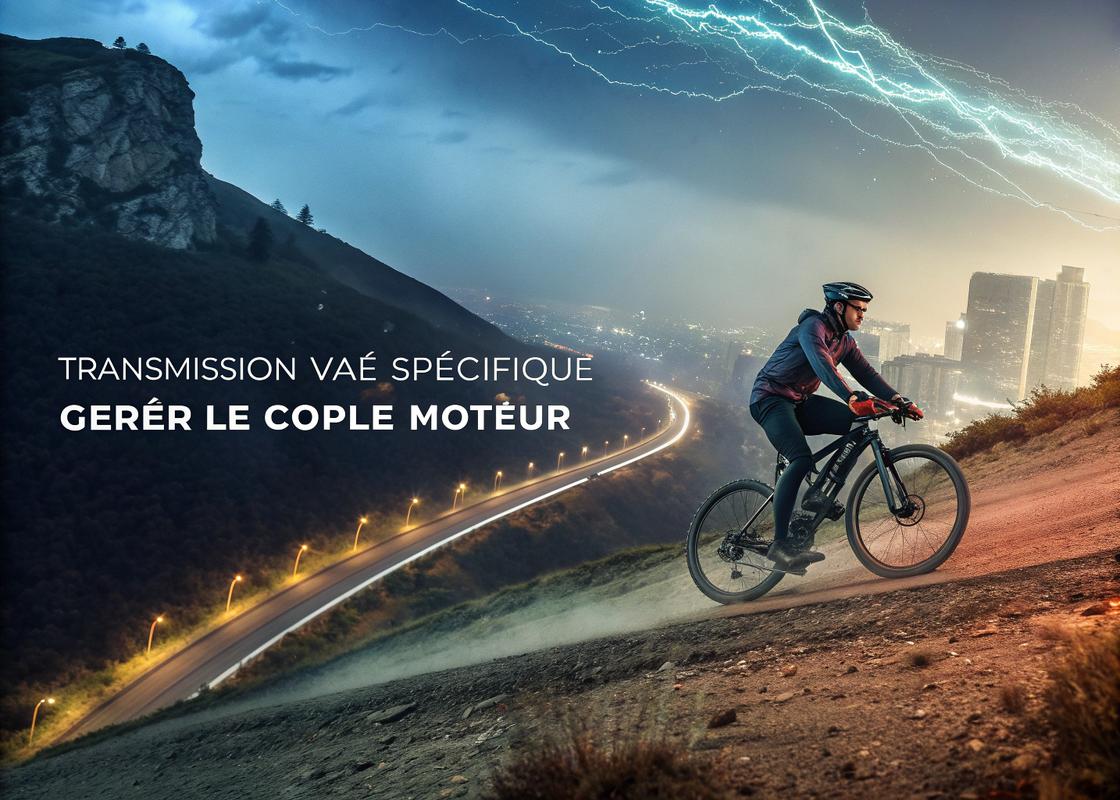Cycliste sur un vélo électrique moderne en montée, avec superposition numérique montrant la contrainte de la chaîne sous un couple élevé, texte 'Transmission VAE Spécifique : Gérer le Couple Moteur', style cyberpunk avec éclairage dramatique