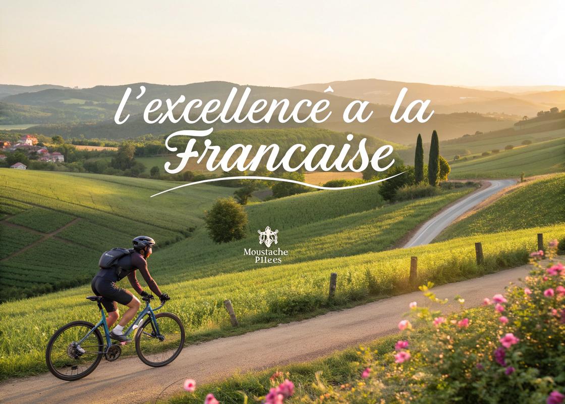 Cycliste en train de rouler sur un vélo électrique Moustache Bikes dans un paysage verdoyant de campagne française, avec une lumière dorée et des fleurs épanouies.