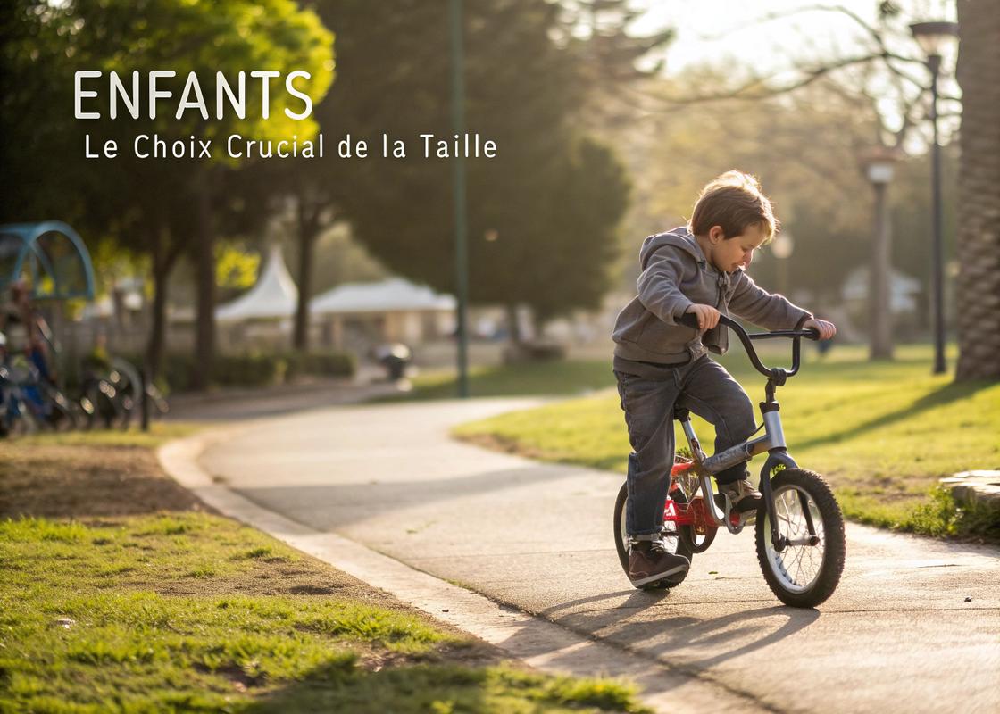 Un jeune garçon en tenue sportive conduisant un vélo à roues de 16 pouces dans un parc suburbain sous une lumière douce, avec le texte 'Enfants : Le Choix Crucial de la Taille' intégré en arrière-plan.