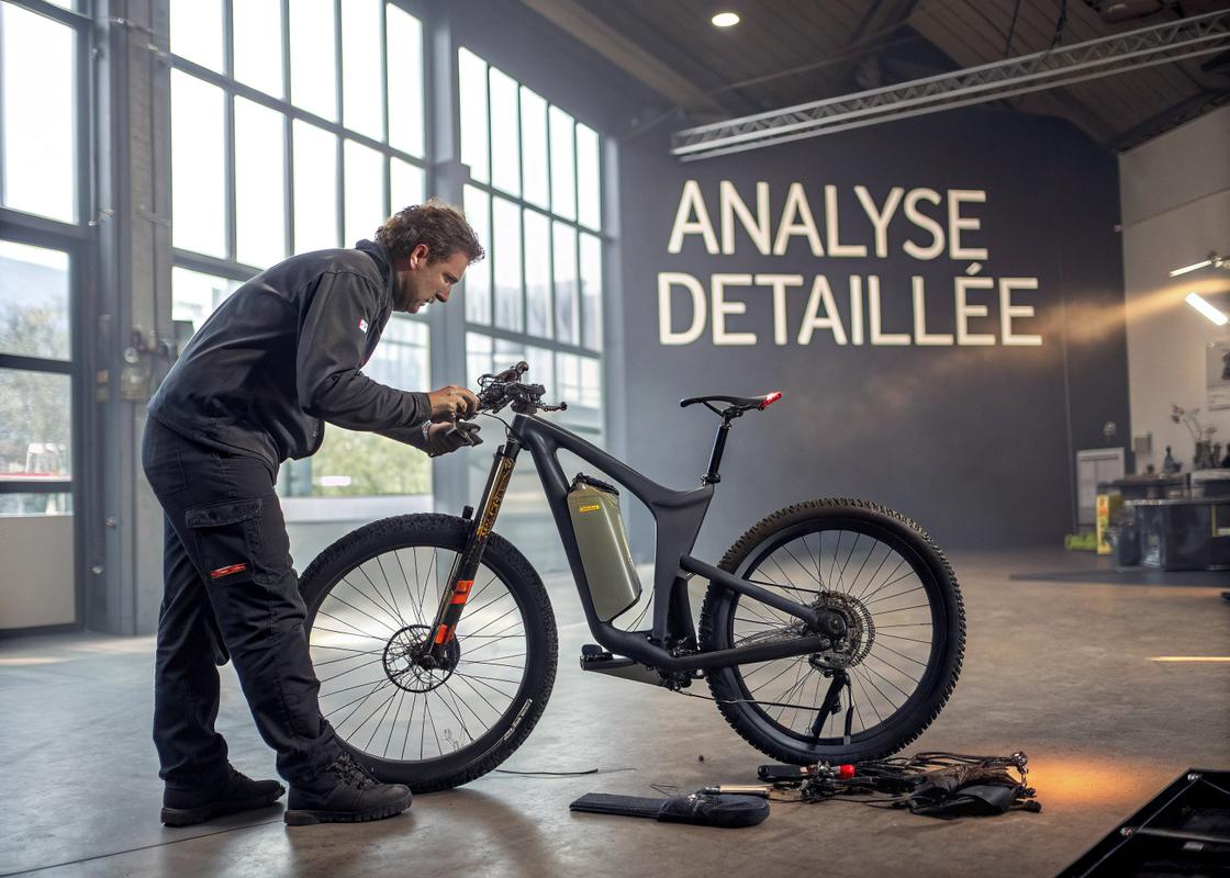 Expert examinant un vélo électrique robuste avec batterie et moteur intégrés, dans un atelier industriel moderne, avec l'inscription 'Analyse Détaillée' en arrière-plan artistique.
