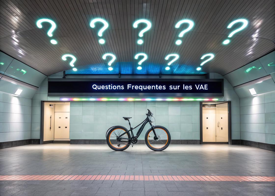 Scène FAQ de vélo électrique avec des points d'interrogation lumineux flottant autour d'un modèle de VAE central, panneaux d'écran numérique affichant des questions courantes, sous-titre 'Questions Fréquentes sur les VAE' en typographie minimaliste stylée, ambiance studio high-tech avec accents de rubans LED vibrants et flou de mouvement sur les éléments flottants.
