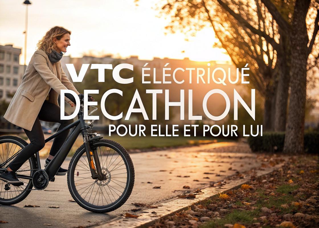 Femme élégante testant un VTC électrique Decathlon E-ACTV 500 dans un parc urbain à l'heure dorée, avec du texte 'VTC Électrique pour Elle et Lui' en typographie soignée