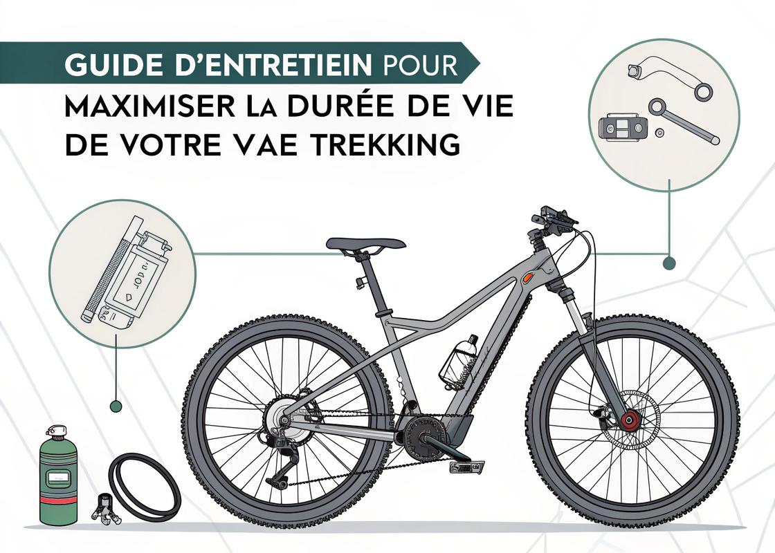 Illustration en style technique montrant des étapes clés d'entretien pour un vélo électrique de trekking, incluant le graissage de la chaîne, la vérification de la batterie, la mesure de la pression des pneus et le nettoyage du cadre, avec un texte en français 'Guide d'Entretien pour Maximiser la Durée de Vie de votre VAE Trekking'.