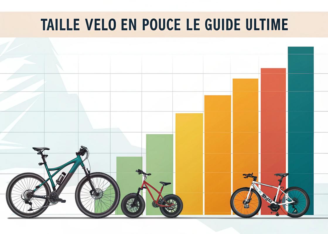 Divers vélos pour enfants de tailles différentes disposés en cercle sur un terrain de jeu ensoleillé, avec un texte descriptif en français 'Taille Vélo Enfant : De 12 à 24 Pouces' écrit en police colorée et ludique
