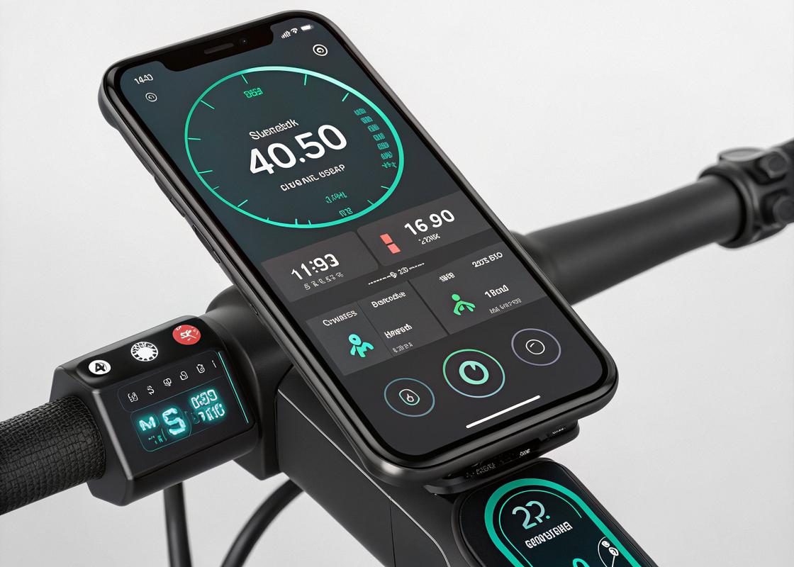Interface d'application smartphone minimaliste affichant les métriques de performance d'un vélo électrique, avec des contrôles tactiles pour ajuster l'assistance au pédalage, sur un écran OLED lumineux.