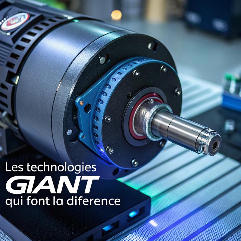 Gros plan sur le moteur Giant SyncDrive Pro avec affichage digital haute technologie, textures métalliques et éclairage néon bleu.