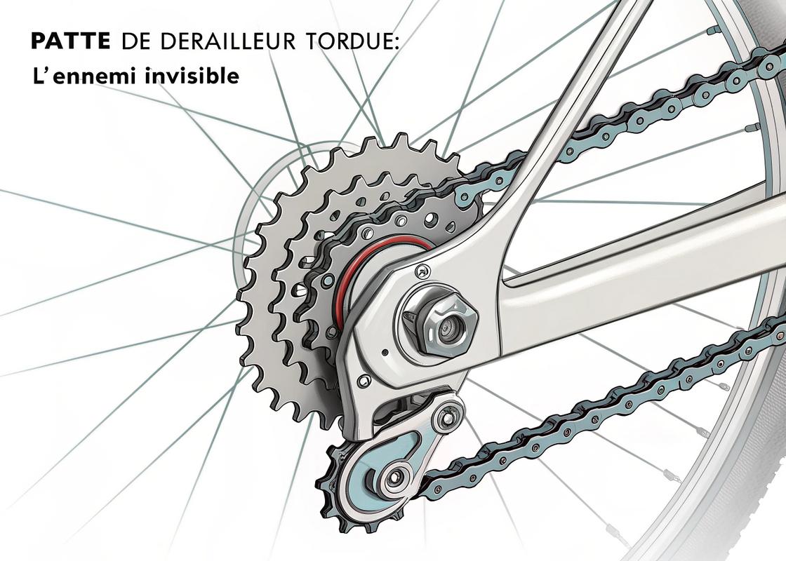 Dérailleur arrière avec patte tordue et chaîne désalignée sur la cassette, illustrant le problème technique courant.