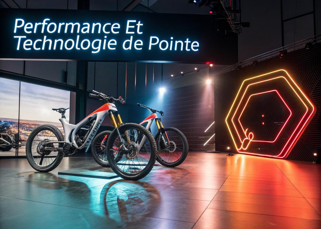 Un showroom futuriste mettant en avant des vélos électriques haute performance avec une enseigne lumineuse 'Performance et Technologie de Pointe', éclairage dynamique, et formes abstraites technologiques en arrière-plan.