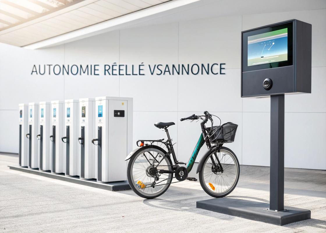 Une station de recharge moderne pour batteries de vélos électriques avec des batteries en charge sur fond blanc, écrans numériques affichant 'Autonomie Réelle vs Annoncée', lumière du jour froide