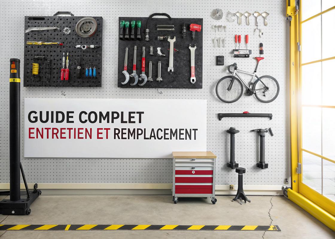 Vue aérienne d'une station de réparation de vélos bien organisée, avec des outils et des composants pour le remplacement de chaîne, incluant des visuels de guide étape par étape et le texte en français 'Guide Complet : Entretien et Remplacement' en infographie professionnelle.