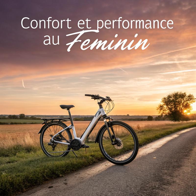 Vélo électrique élégant Giant Amiti E+ conçu pour femmes, sur une route de campagne paisible lors de l’heure dorée, mettant en avant confort et performance.