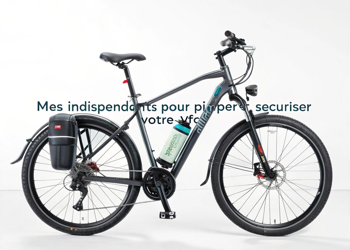 Vélo électrique Decathlon avec accessoires modernes : antivol intelligent, selle ergonomique, éclairages LED, et porte-bouteille, présenté sur fond blanc avec le texte 'Mes indispensables pour pimper et sécuriser votre VTC'.