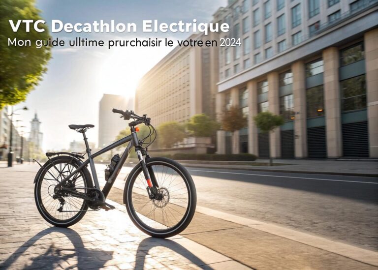 Vélo électrique hybride Decathlon Riverside 500 E stylisé sur une rue urbaine avec un texte promotionnel flouté en arrière-plan sous une lumière matinale.