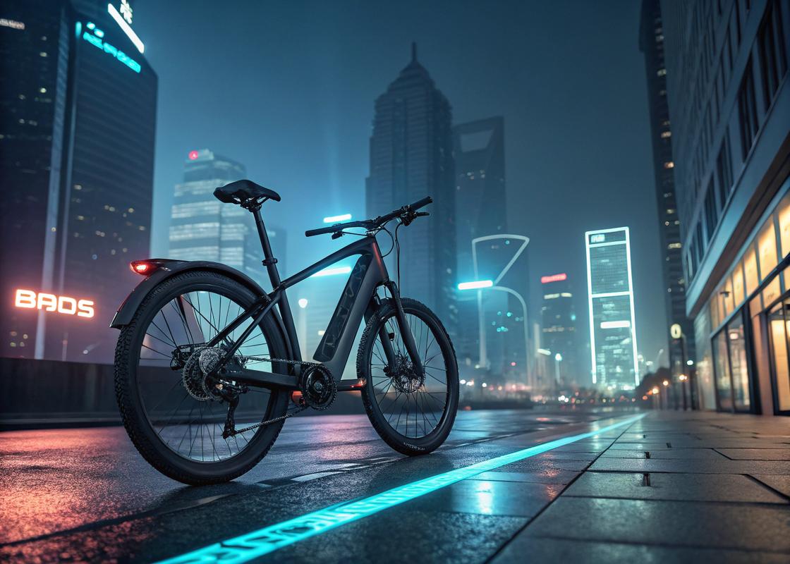 Vélo électrique high-tech avec un design épuré, stationné dans un décor urbain futuriste sous une lueur néon tamisée.