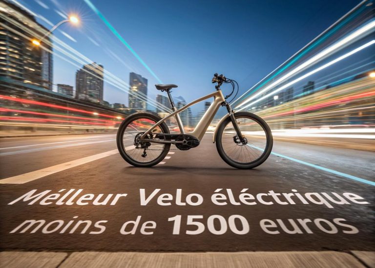 Vélo électrique moderne avec batterie intégrée et écran LCD, sur fond de ville lumineuse.