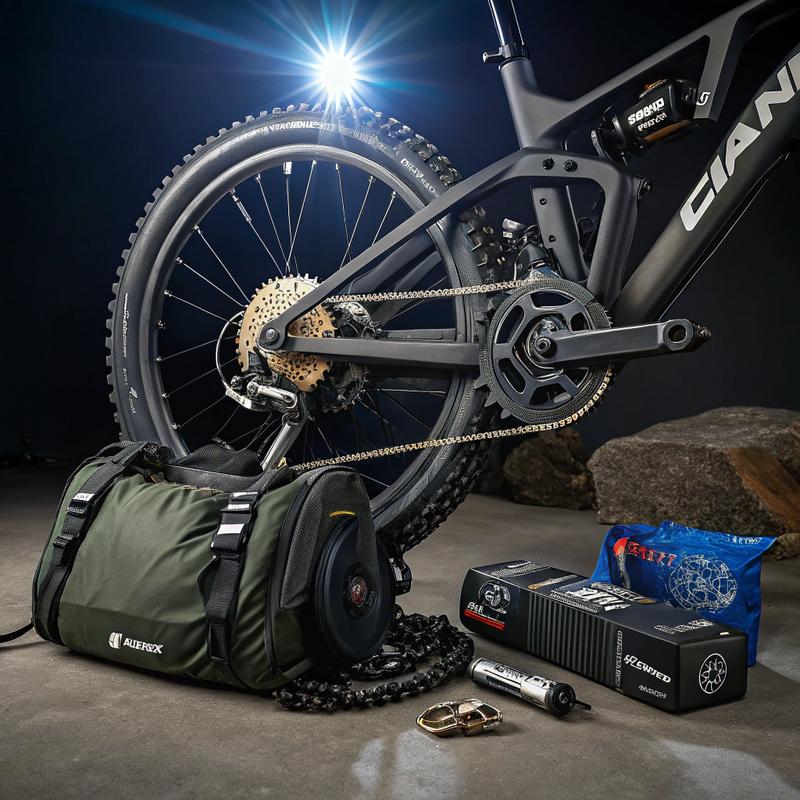 Vue rapprochée détaillée du vélo de montagne Giant Explore E+ avec moteur Yamaha et batterie EnergyPak, entouré d'équipements d'aventure en extérieur sur fond sombre avec des reflets lumineux.