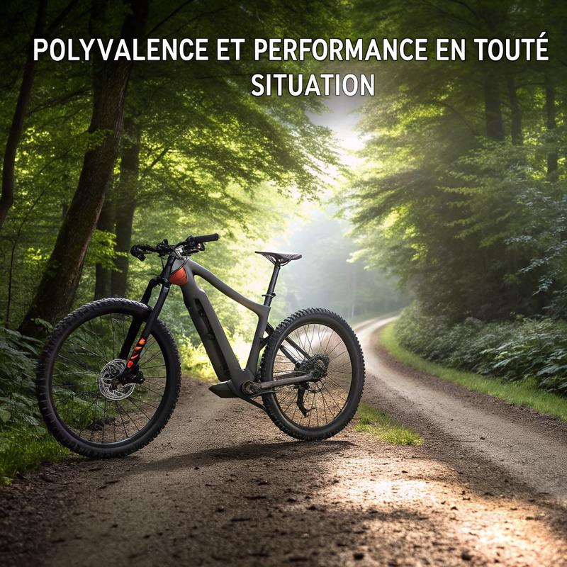 Vélo électrique Giant Talon E+ avec gros pneus tout-terrain sur un chemin forestier, éclairé par une lumière naturelle dramatique.