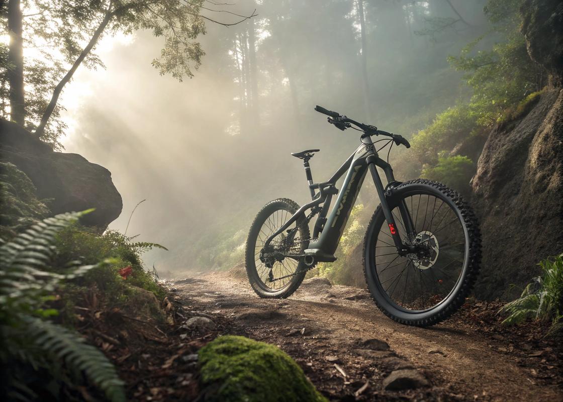 Vélo électrique tout-terrain sur un sentier forestier brumeux avec suspension robuste et gros pneus