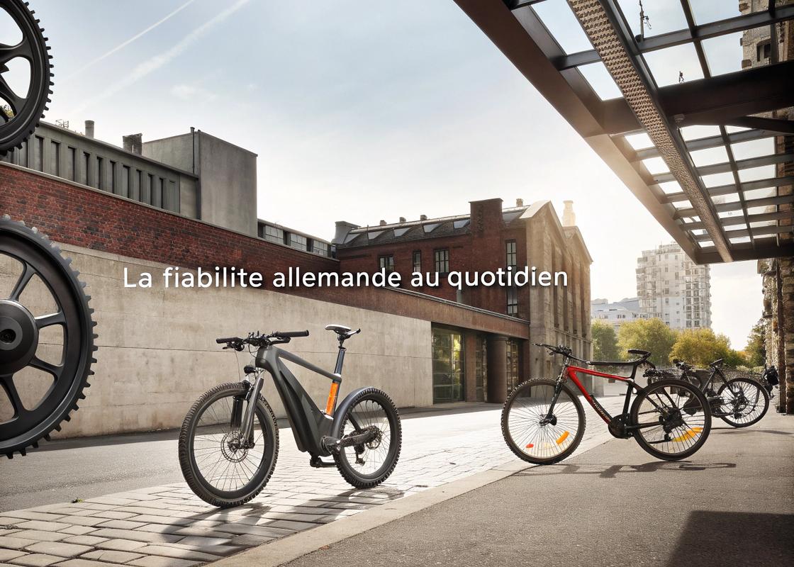 Divers vélos électriques spécialisés dans un décor urbain avec des éléments d'ingénierie allemande en arrière-plan et le texte 'La Fiabilité Allemande au Quotidien' en typographie professionnelle.