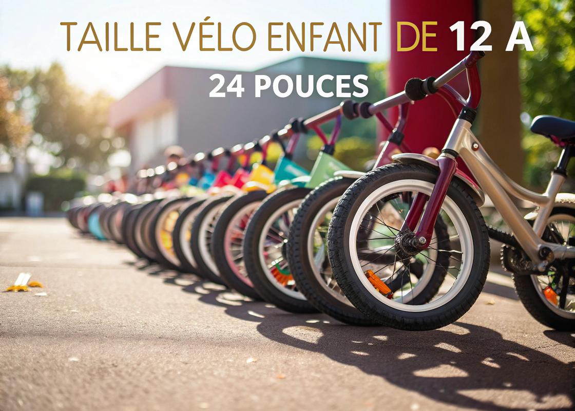 Infographie présentant un tableau des tailles de vélos en pouces pour adultes, incluant VTT, VTC et vélos de ville, avec le titre 'Taille Vélo en Pouce : Le Guide Ultime' en surimpression graphique professionnelle et des couleurs vives.