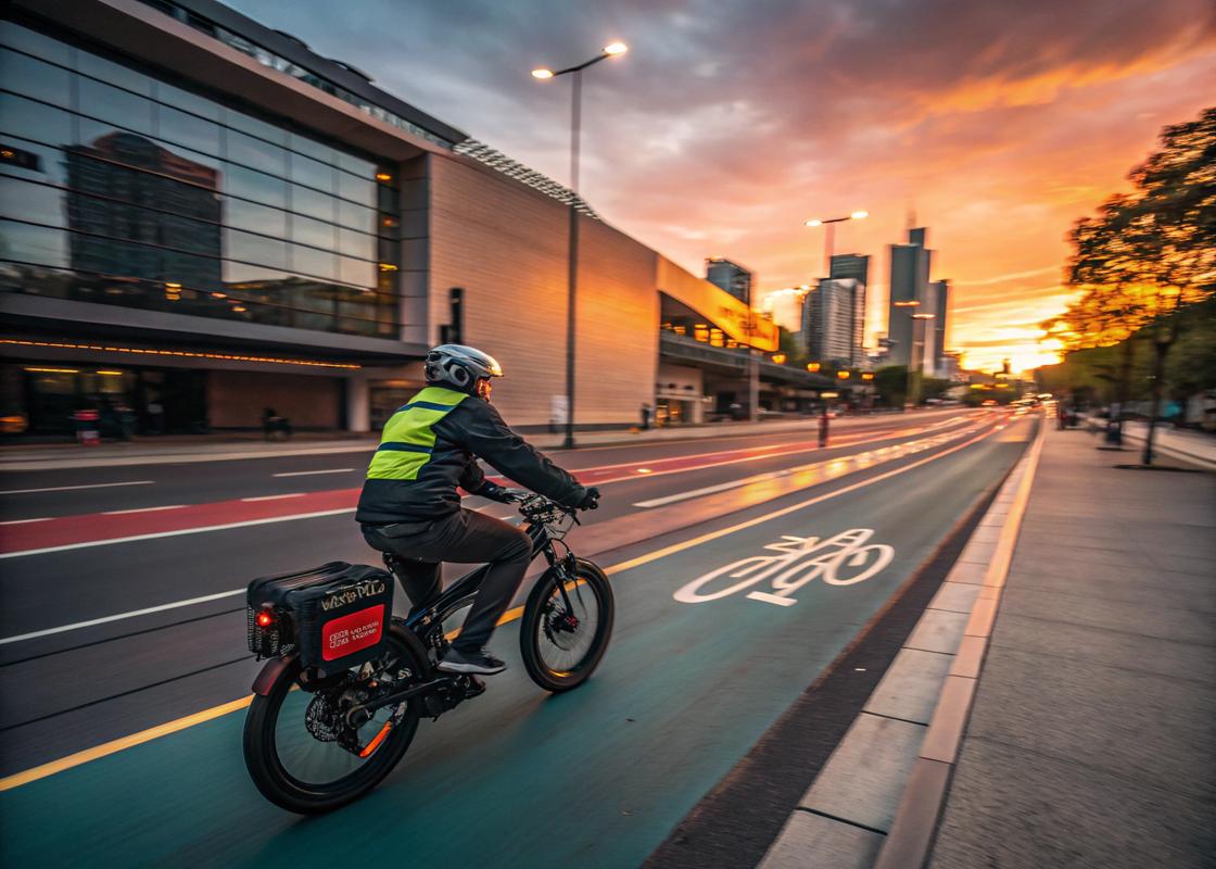 Un cycliste sur un vélo électrique rapide sur une piste cyclable en ville au coucher du soleil, avec des effets de flou de mouvement et des détails comme un casque et une plaque d'immatriculation.