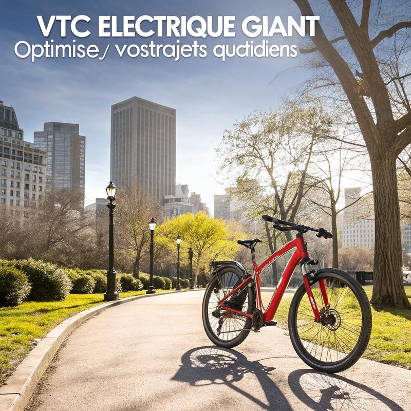 Un vélo électrique Giant Roam E+ de couleur rouge vif avec le moteur SynDrive Core et une batterie de 500Wh traversant un parc urbain ensoleillé.