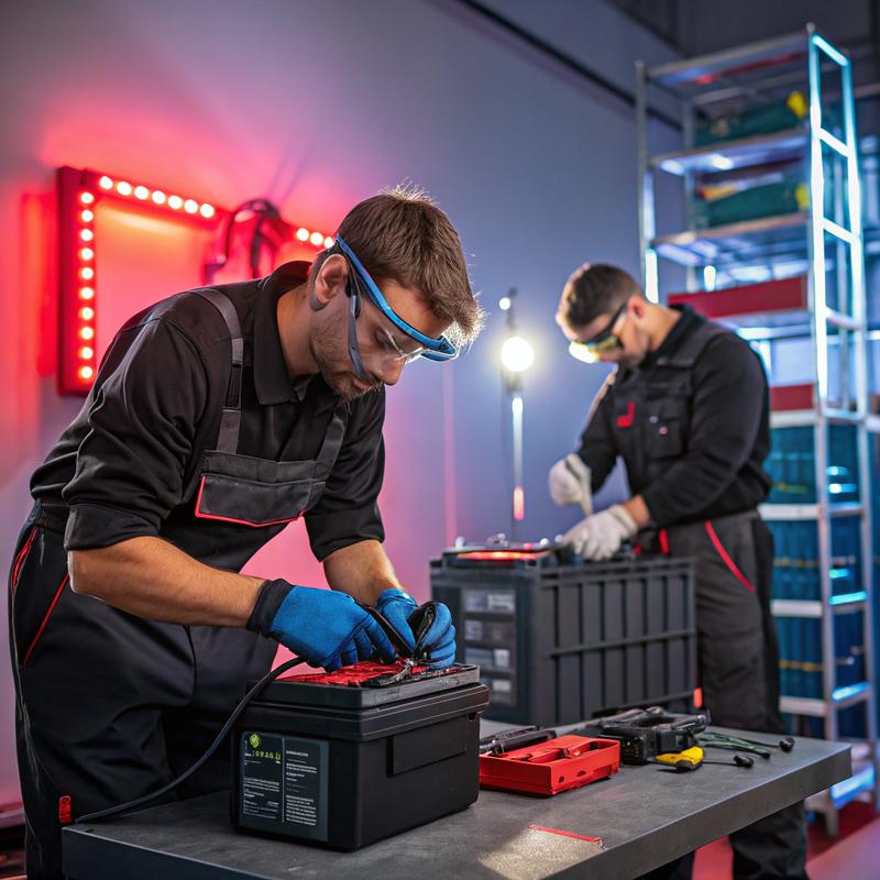 Techniciens en gants de sécurité testant des batteries de vélos électriques sur des équipements de diagnostic avancés dans un atelier bien éclairé.